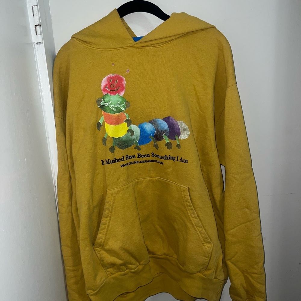 Men's Mustard Yellow Graphic Hoodie Hungry Caterpillar Size L